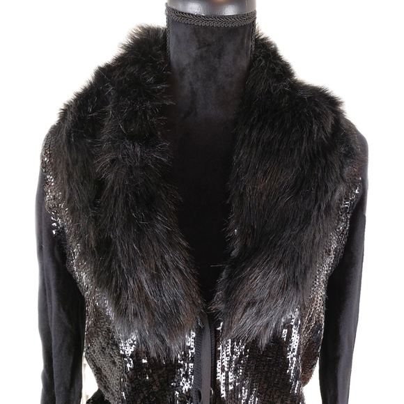 Jones New York Petite Black Fur Collar Wool Blend Sequins Cardigan Sz PM NWT - Picture 2 of 9
